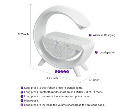 Lampa Smart LED RGB si Incarcator Wireless 15W, Lumini Ambientale, Sincronizare muzicala, Difuzor 5W, Muzica Bluetooth, USB, FM Radio, MicroSD, AUX, Afisaj Digital, Alarma, Alb