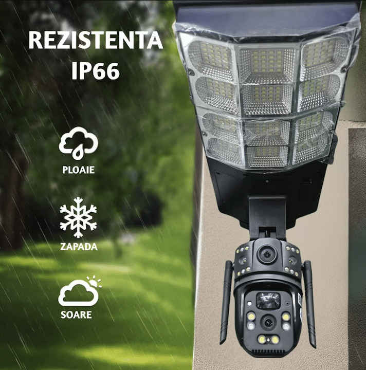 Camera de Supraveghere Duală JRH 2in1, 4G SIM, PTZ, 2 Lentile, Panou Solar 16W, Acumulator 16000 mAh, Lumină Stradală 180W, Night Vision, microSD, Negru