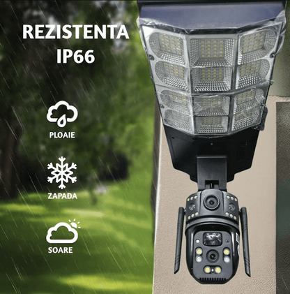 Camera de Supraveghere Duală JRH 2in1, 4G SIM, PTZ, 2 Lentile, Panou Solar 16W, Acumulator 16000 mAh, Lumină Stradală 180W, Night Vision, microSD, Negru