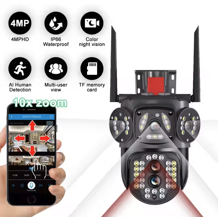 Camera de supraveghere cu panou solar 4G Cartela SIM, Wifi , Zoom 10X, 3 Ecrane, Rezolutie 4K, Detectie umana, Urmarire automata, IP66