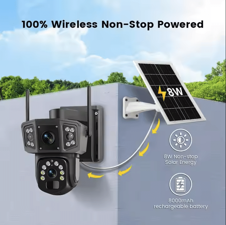 Cameră de Supraveghere Solară 4K cu Lentile Duble, 8MP, Baterie 8000mAh și Panou Solar – Detectare Mișcare, Vizualizare 360°, Rezistentă la Intemperii