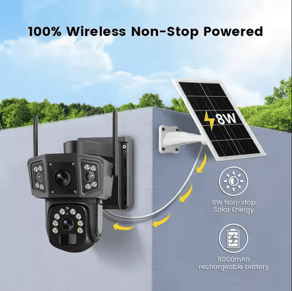 Cameră de Supraveghere Solară 4K cu Lentile Duble, 8MP, Baterie 8000mAh și Panou Solar – Detectare Mișcare, Vizualizare 360°, Rezistentă la Intemperii