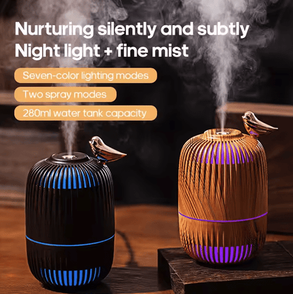 Umidificator Aromaterapie Design Colivie cu Păsărică – 280ml, Lemn Decorativ, Lumină LED 7 Culori, Ultrasilentios