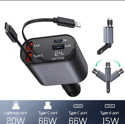 Incarcator Auto 4 in 1, multi-port, cabluri retractabile, USB-C si Lightning, 100W Incarcare rapida, Gri Metalic