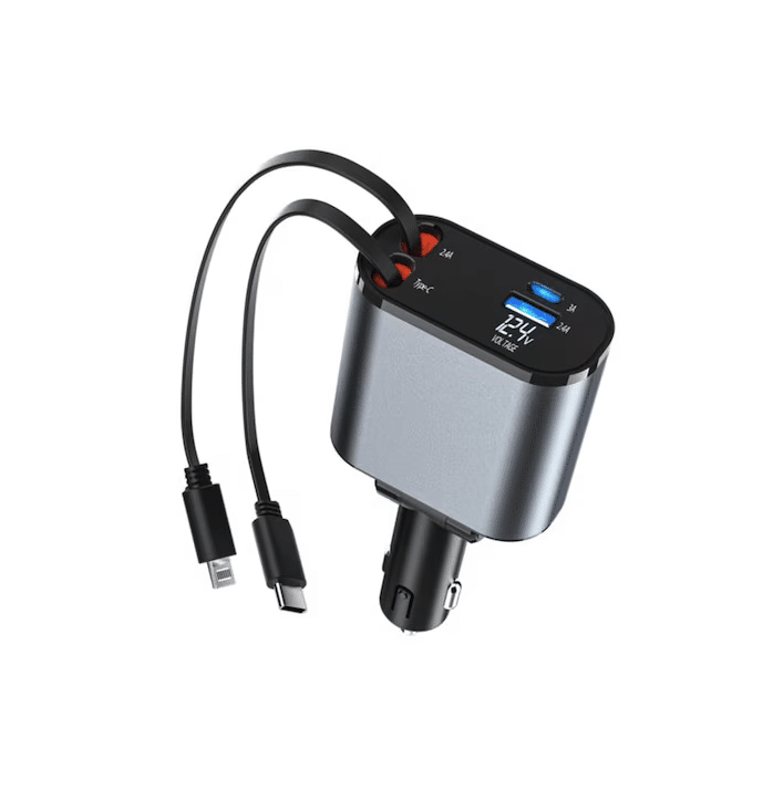 Incarcator Auto 4 in 1, multi-port, cabluri retractabile, USB-C si Lightning, 100W Incarcare rapida, Gri Metalic