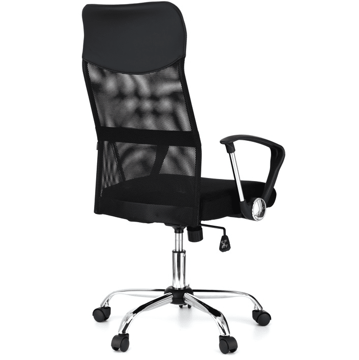 Scaun de birou ergonomic JRH, model VIRE, Negru, mecanism balans, bază oțel cromat, mesh + tetieră PU