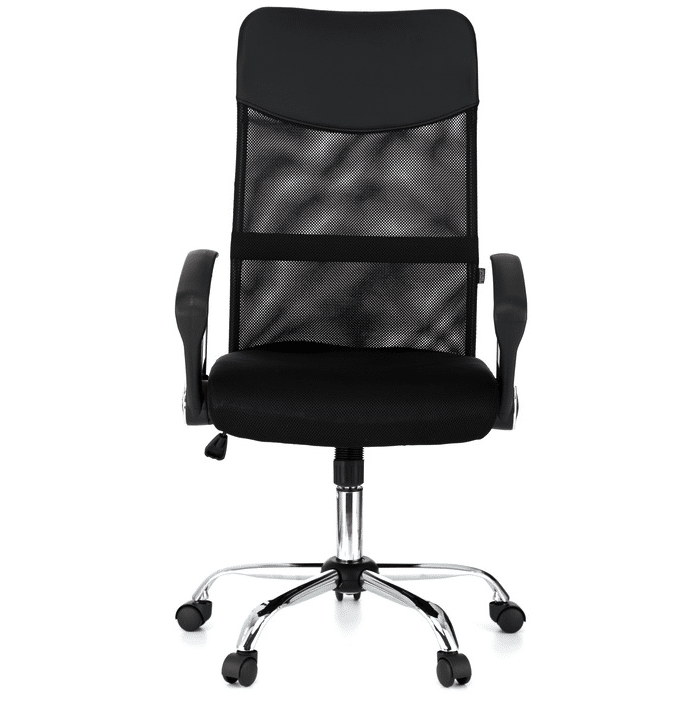 Scaun de birou ergonomic JRH, model VIRE, Negru, mecanism balans, bază oțel cromat, mesh + tetieră PU