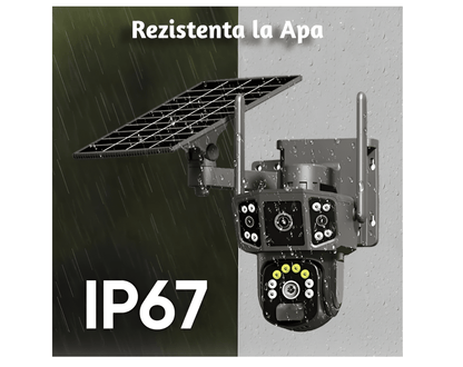 Cameră de supraveghere 4G cu panou solar, 4 camere, zoom optic 10X, detecție umană PIR, LED-uri IR și alarmă, rotație 355°/90°, rezistență la apă IP66, control prin aplicație, sistem CCTV securizat.