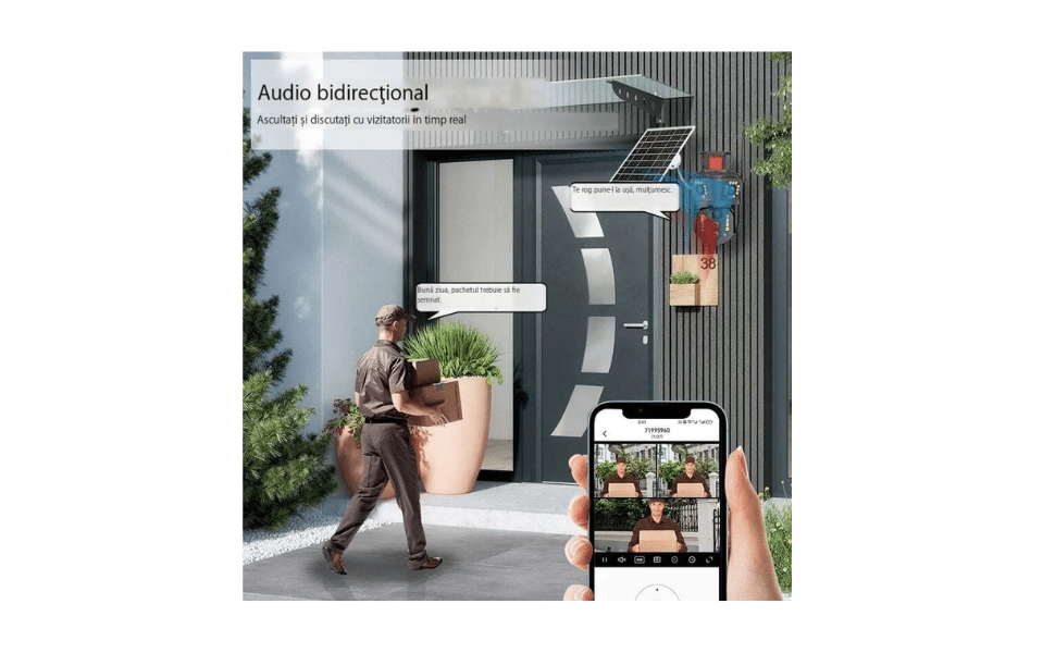 Cameră de supraveghere 4G cu panou solar, 4 camere, zoom optic 10X, detecție umană PIR, LED-uri IR și alarmă, rotație 355°/90°, rezistență la apă IP66, control prin aplicație, sistem CCTV securizat.
