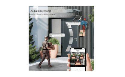Cameră de supraveghere 4G cu panou solar, 4 camere, zoom optic 10X, detecție umană PIR, LED-uri IR și alarmă, rotație 355°/90°, rezistență la apă IP66, control prin aplicație, sistem CCTV securizat.