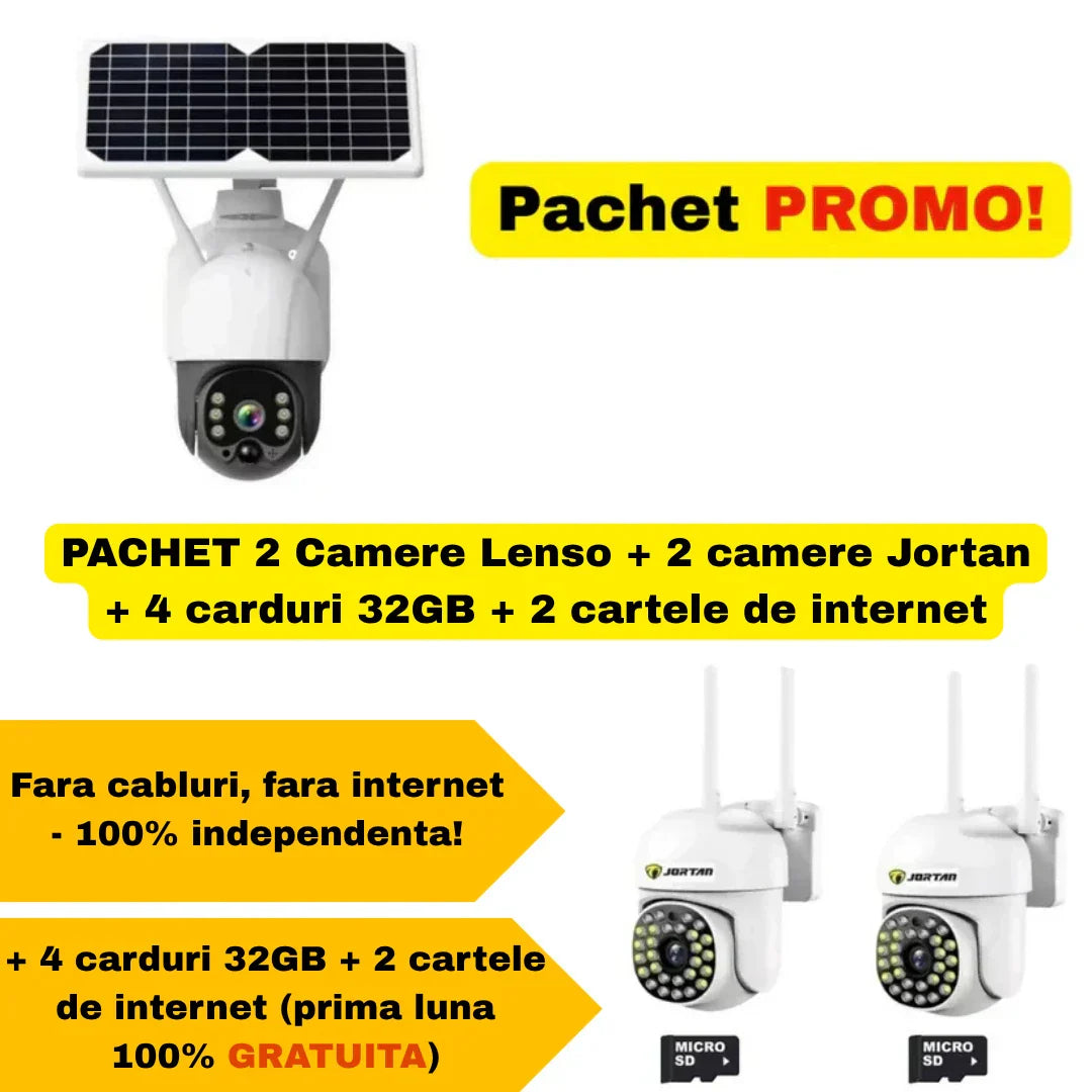 PACHET 2 Camere Lenso + 2 camere Jortan + 4 carduri 32GB + 2 cartele de internet