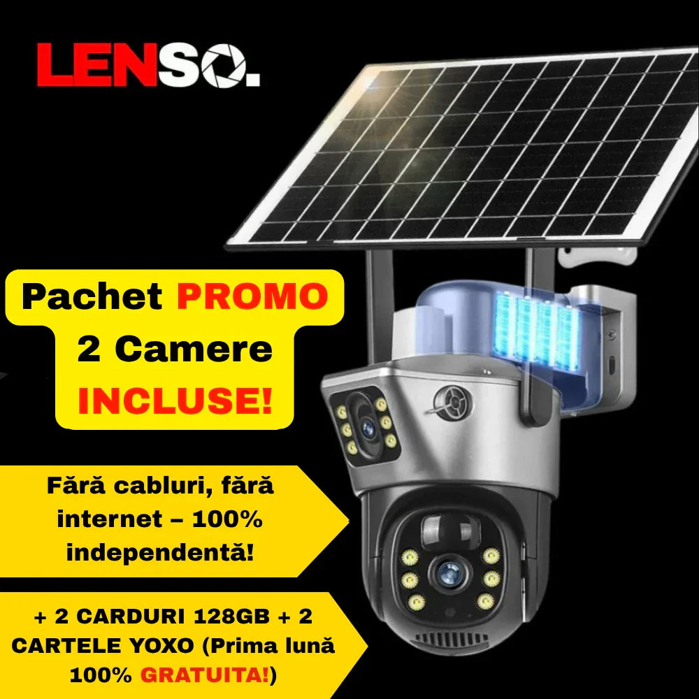 Pachet Promo: 2 x Camera Supraveghere LENSO 4G Duala + 2 Carduri 128GB + 2 Cartele YOXO CADOU