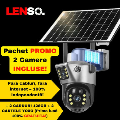 Pachet Promo: 2 x Camera Supraveghere LENSO 4G Duala + 2 Carduri 128GB + 2 Cartele YOXO CADOU