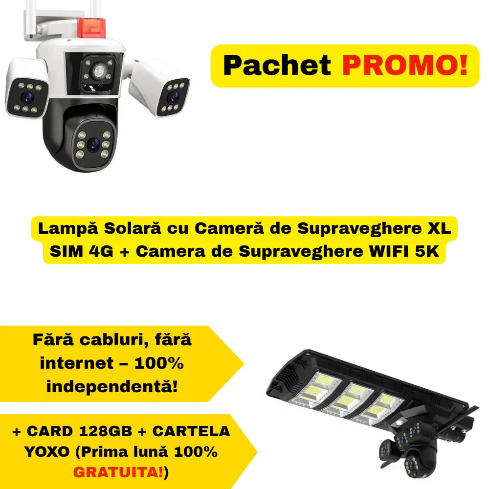 PACHET Lampa Solara cu Camera de Supraveghere XL SIM 4G + Camera de Supraveghere WIFI 5K, 12MP, 3 lentile, 3 ecrane + Card 128 GB + Cartelă YOXO!