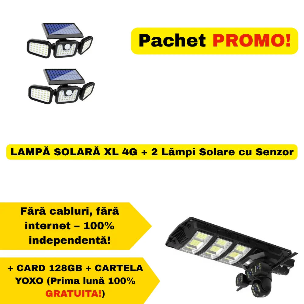 PACHET LAMPA SOLARA XL 4G + 2 Lampi Solare cu Senzor + Card 128 GB + Cartela YOXO