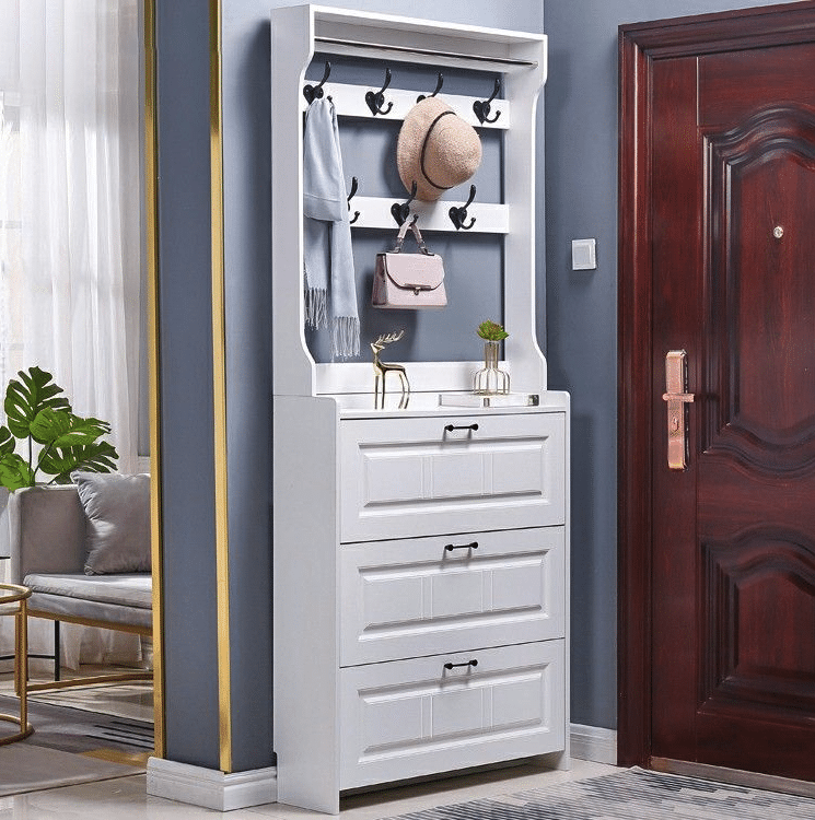 Set Mobilier Hol Alb, Pantofar Slim 3 Sertare și Cuier, Stil Scandinav, 85x24x208 cm