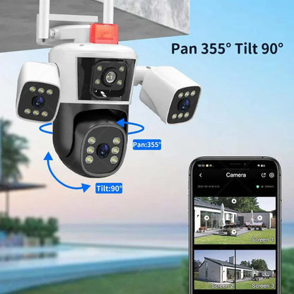 PACHET Lampa Solara cu Camera de Supraveghere XL SIM 4G + Camera de Supraveghere WIFI 5K, 12MP, 3 lentile, 3 ecrane + 2 x Card 128 GB + Cartela YOXO