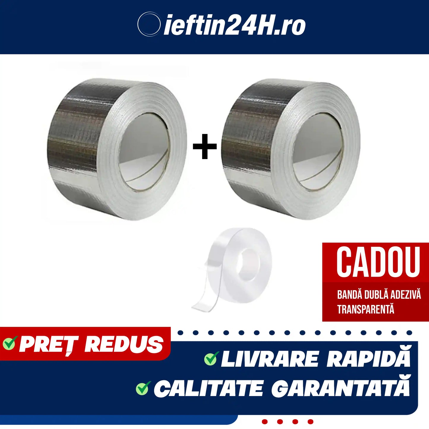 PACHET 1 + 1  Banda adeziva durabila tip folie, rezistenta la apa, aderenta sporita + Banda dubla adeziva transparenta CADOU