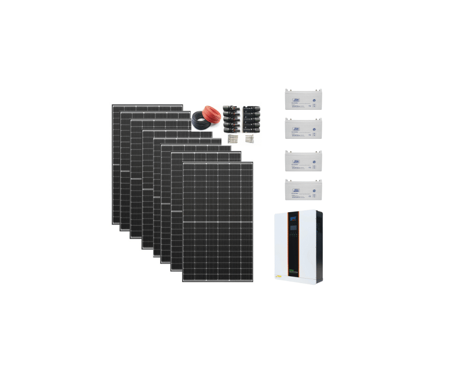 pachet 5kw hybird, 9 panouri jrh 550w + 4 acmulatori 120ah12v + invertor 5kw + cabluri si mufe