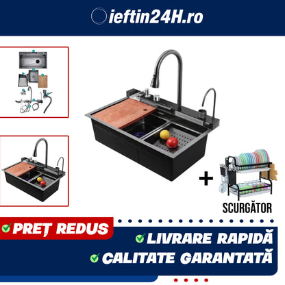 Chiuveta de bucătărie otel inoxidabil, afisaj digital temperatura apa + scurgator vase