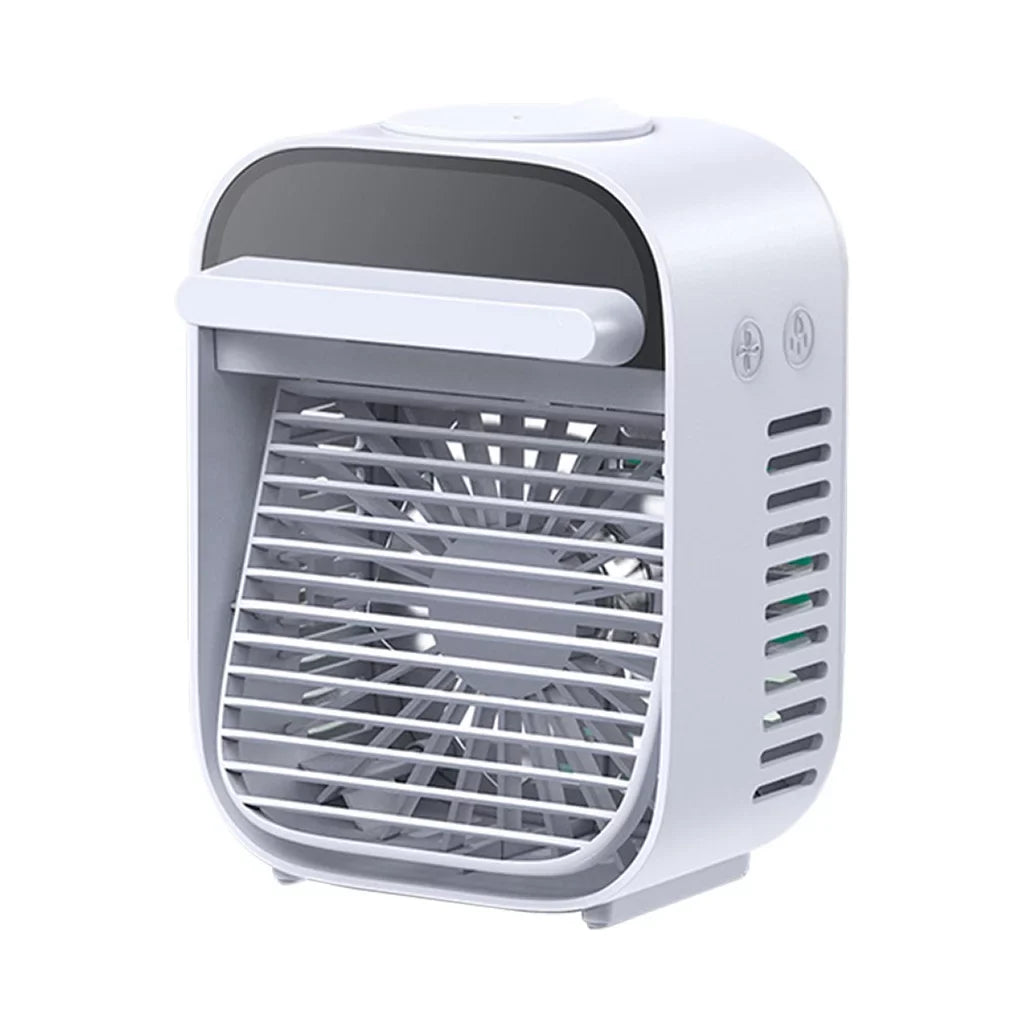 Mini Racitor aer portabil, air cooler, JRH, 3 functii racire, umidificare, purificare aer, lumina LED 7 culori, Alimentare USB, Alb