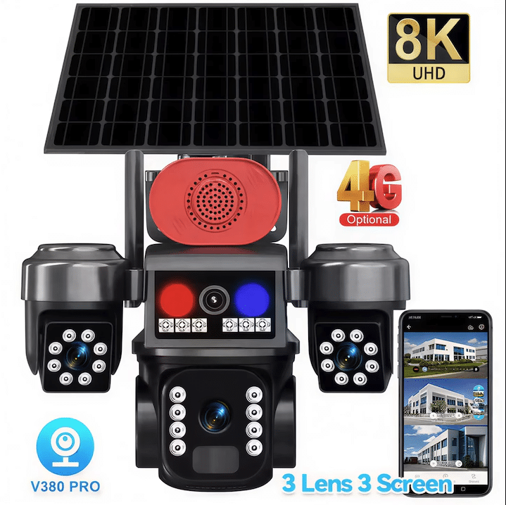 Cameră Supraveghere 4G Crocodil – 3 Camere Rotative, 8K UHD și Panou Solar