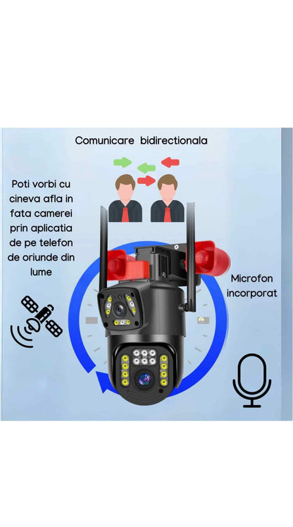 Cameră Supraveghere Wi-Fi JRH V380 cu LED-uri, Goarnă Dublă, Lumină Alarmă Puternică, Senzor de Mișcare, Audio Bidirecțional, Vedere Nocturnă 1080P PTZ Exterior / Interior