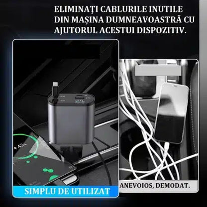 Incarcator Auto 4 in 1, multi-port, cabluri retractabile, USB-C si Lightning, 100W Incarcare rapida, Gri Metalic