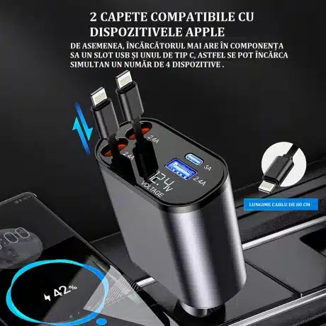 Incarcator Auto 4 in 1, multi-port, cabluri retractabile, USB-C si Lightning, 100W Incarcare rapida, Gri Metalic