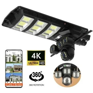 PACHET Lampa Solara cu Camera de Supraveghere XL SIM 4G + Camera de Supraveghere WIFI 5K, 12MP, 3 lentile, 3 ecrane + 2 x Card 128 GB + Cartela YOXO