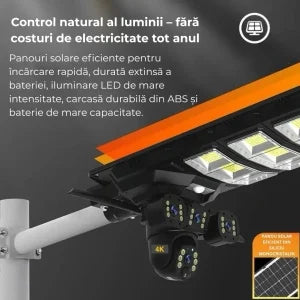 PACHET Lampa Solara cu Camera de Supraveghere XL SIM 4G + Camera de Supraveghere WIFI 5K, 12MP, 3 lentile, 3 ecrane + 2 x Card 128 GB + Cartela YOXO