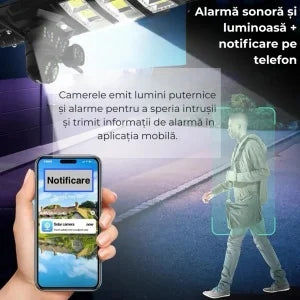 PACHET Lampa Solara cu Camera de Supraveghere XL SIM 4G + Camera de Supraveghere WIFI 5K, 12MP, 3 lentile, 3 ecrane + 2 x Card 128 GB + Cartela YOXO
