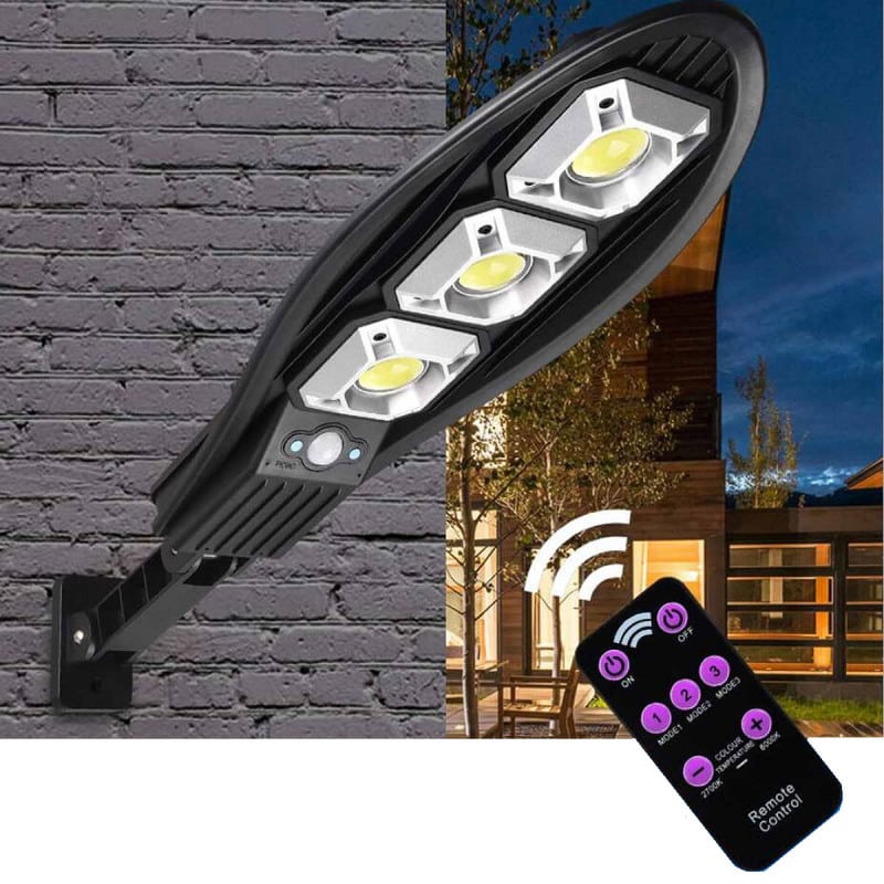 Lampa Solara stradala Set de 3, COB, 90 x LED, 3 moduri de functionare, buton ON/OFF, cu telecomanda