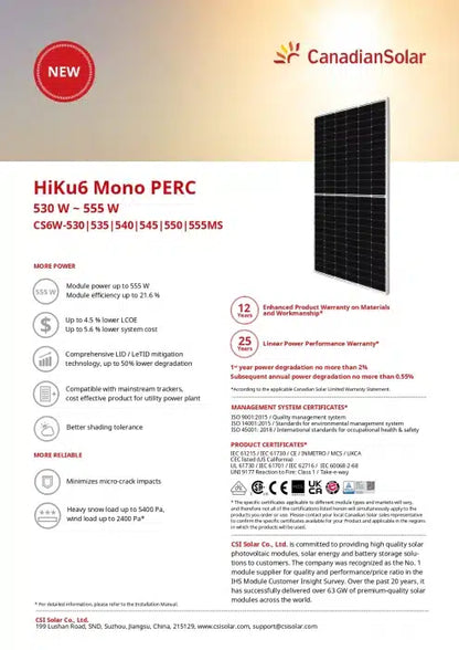 Panou Canadian solar 545W fotovoltaic monocristalin, CS6W-545MS 545W, HiKu6 Mono PERC, 30 mm