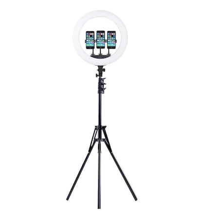 Ring light Lampa circulara LED cu trepied, 46 cm, 3 suporturi de telefon, telecomanda, alimentare 220V, inaltime reglabila trepied