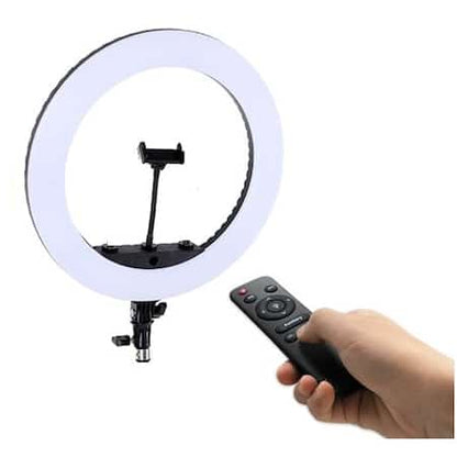 Ring light Lampa circulara LED cu trepied, 46 cm, 3 suporturi de telefon, telecomanda, alimentare 220V, inaltime reglabila trepied