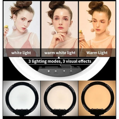 Ring light Lampa circulara LED cu trepied, 46 cm, 3 suporturi de telefon, telecomanda, alimentare 220V, inaltime reglabila trepied