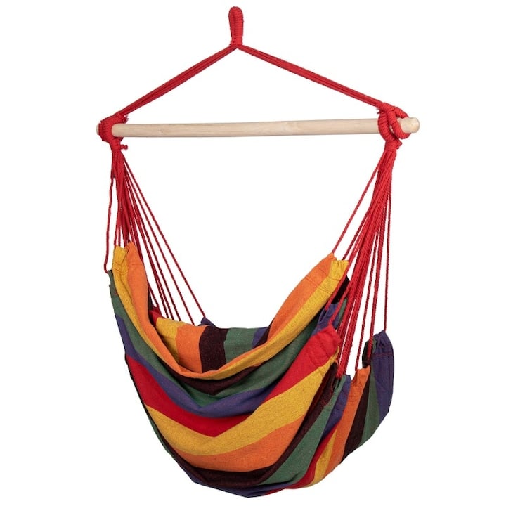Hamac tip scaun suspendat din bumbac, cu 2 perne, 150kg, multicolor