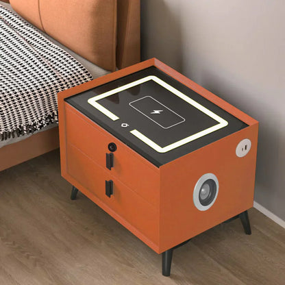 Noptiera Smart Multifunctionala, iluminare LED tactil cu 3 culori, incarcare wireless si USB, difuzor Bluetooth, 2 sertare