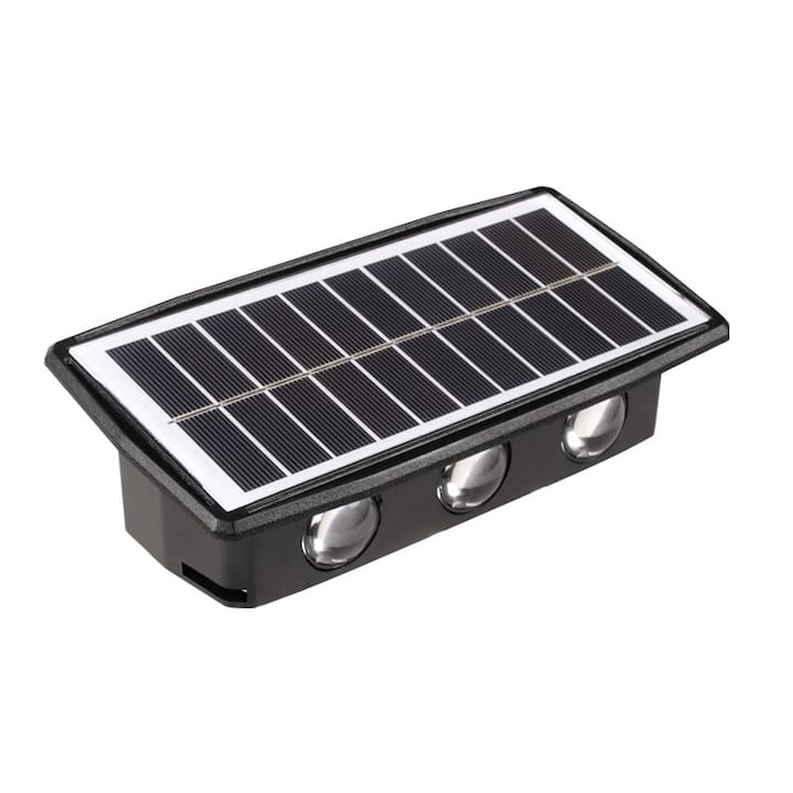 Lampa solara LED bidirectionala dreptunghiulara pentru perete Flippy, 20.5×10 cm, 6 LED-uri, 5.5V, ABS, 500mAh, rezistent la apa IP65, alb cald