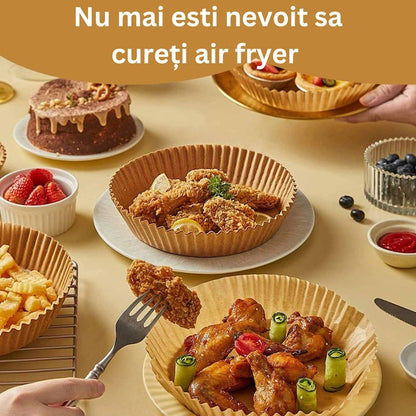Set 100 bucati hartie de copt pentru air fryer, friteuza, Unica folosinta, 20cmx4.5 cm, Maro, Rotund