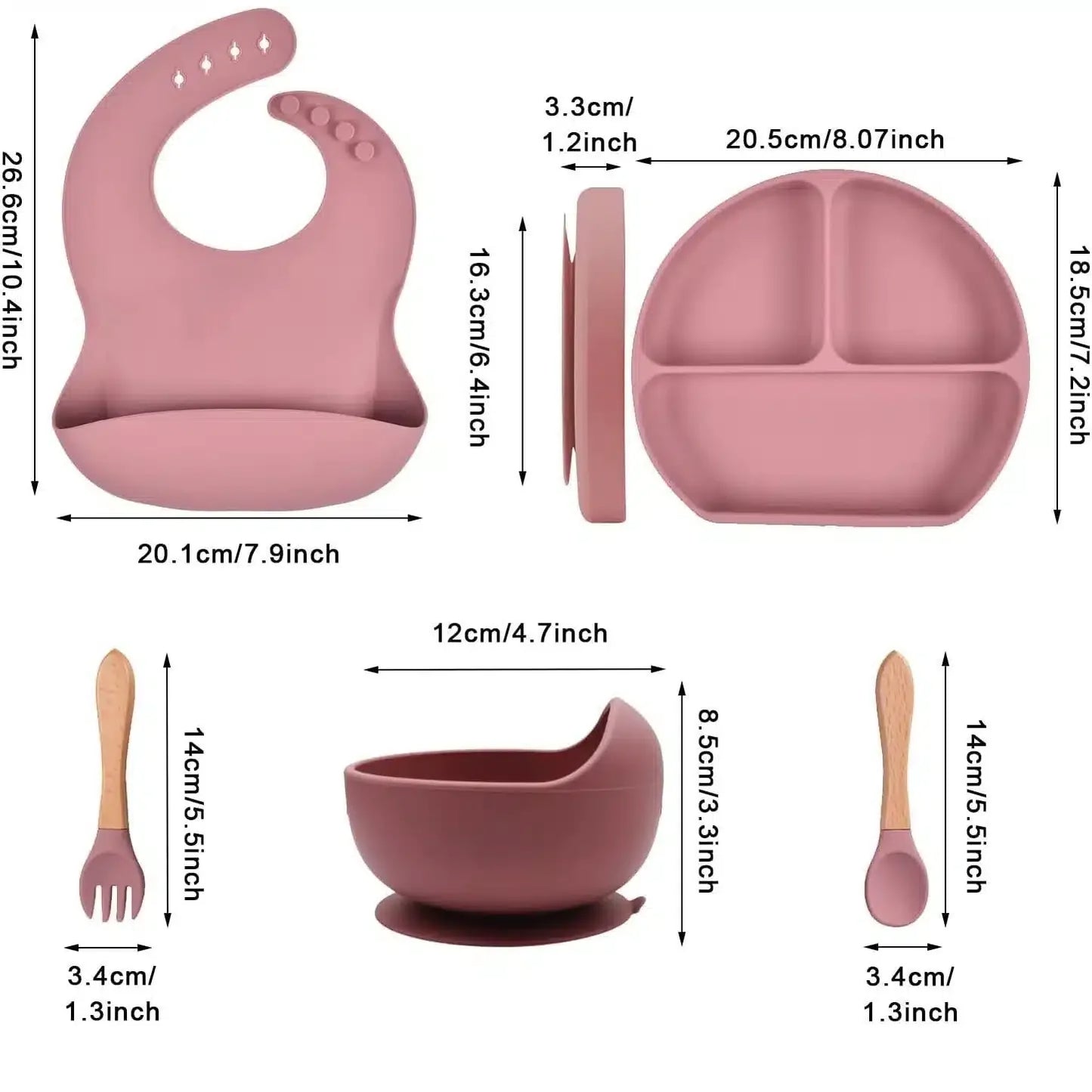 Set 6 piese diversificare bebelusi si copii din silicon baveta, farfurie compartimentata cu ventuza, bol cu ventuza