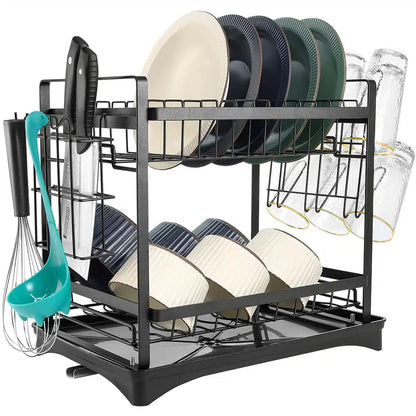 Raft scurgator de vase, 3 niveluri, 3 separatoare, cu suport pentru tacamuri, inox, dimensiuni 42x23x61, negru