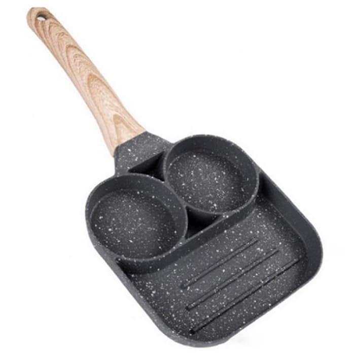 Tigaie Antiaderenta, 3 Compartimente, Preparare Oua, Clatite, Sandwich-uri, Maner din Lemn