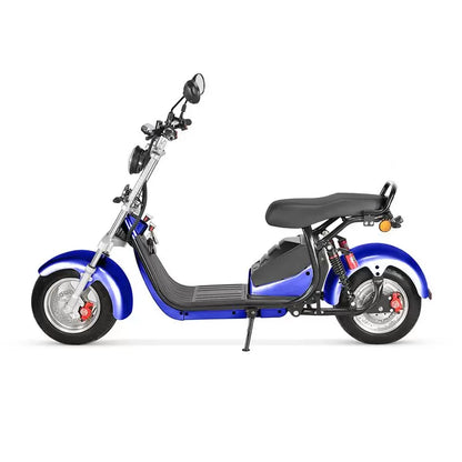 Scuter Electric Harley 1500W, pentru 2 persoane, Suspensie fata spate, cu baterie detasabila 20 AH, Furca Dubla, Far led cu indicator baterie, Telecomanda, Alarma, Albastru