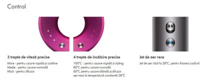 Uscator de par ultra puternic, ioni negativi, aer rece/cald, 1600W, 3 trepte de viteza, 4 trepte de temperatura, 5 capete diferite, Roz gri